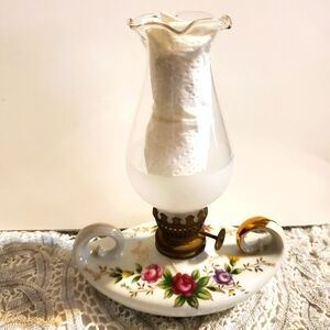 Mini Aladdin Oil Lamp Two Handle Moss Rose Frosted Globe VTG Cottage MCM Japan